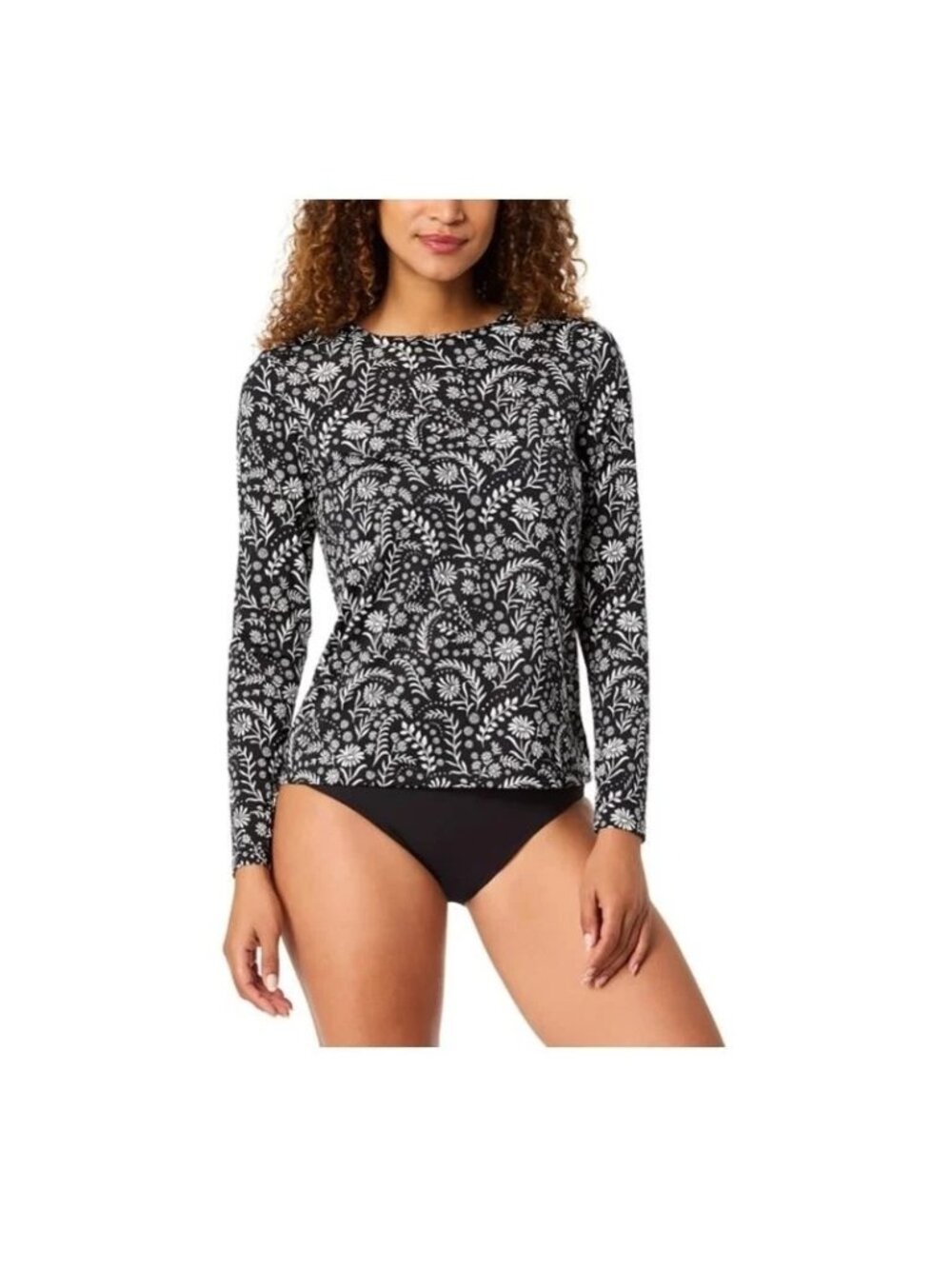 Lands End Womens UPF 50 Black & White Floral Long Sleeve Swim Tee XL